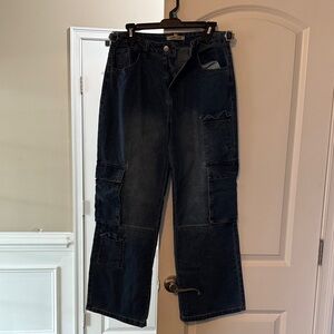 Dark Wash Wide Leg Cargo Jeans - Women